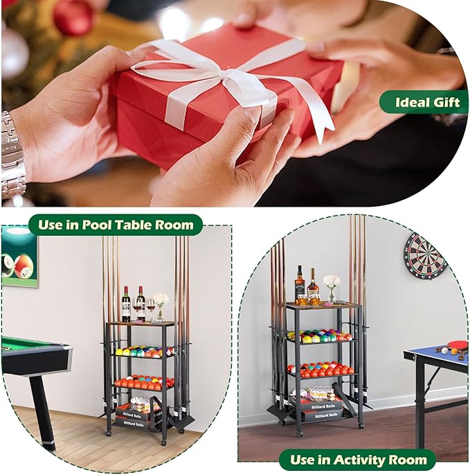 Pool Stick Holder Rack Stand for 8 Cue Sticks - Billiard Game Room Storage Cart with Organizer for Balls, Pool Table Accessories and Equipment - Heavy Duty Floor Stand Cue Stick Rack for Home or Bar