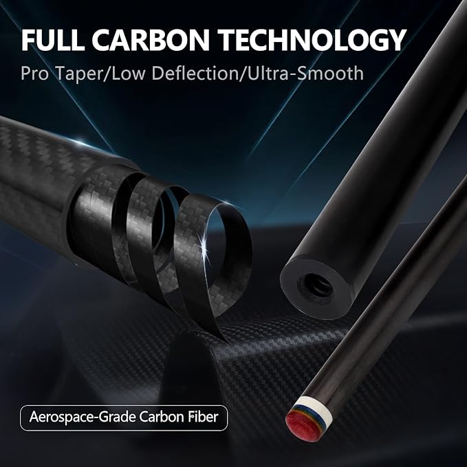 Carbon Fiber Pool Cue Stick, 12.4mm 8-Layer Tip Low Deflection Pool Cue Professional Pool Sticks for Adults with Pro Taper Cue Shaft 3/8 x 8 Joint Pin