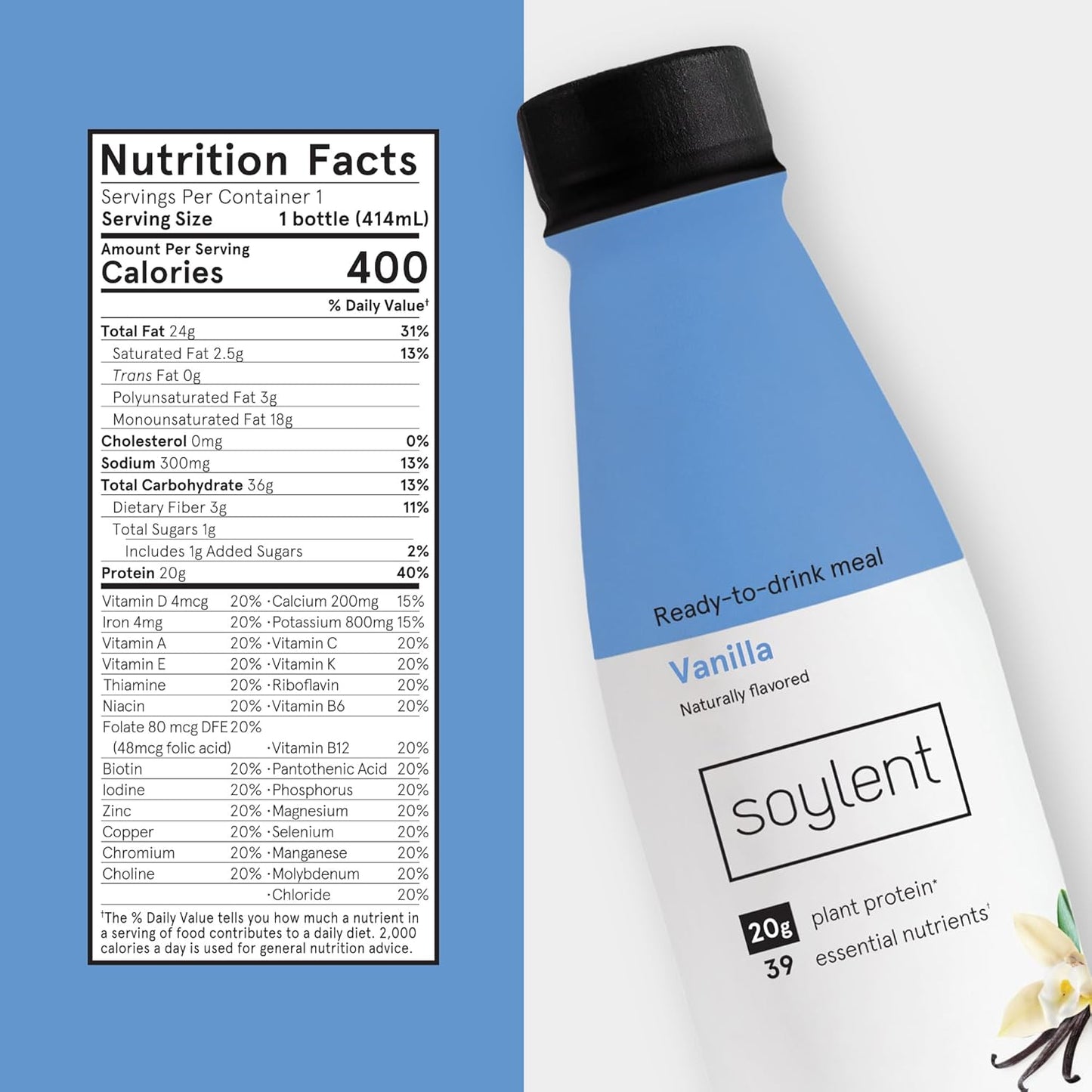Soylent Complete Protein Shake, Vanilla, 30g Protein, Vegan, Dairy Free and 0g Sugar, Ready to Drink Protein Drinks, 11oz (12 Pack)