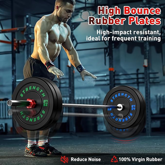 Olympic Rubber Bumper Weight Set - 2 Inch Barbell Plates for Home Gym Strength Training