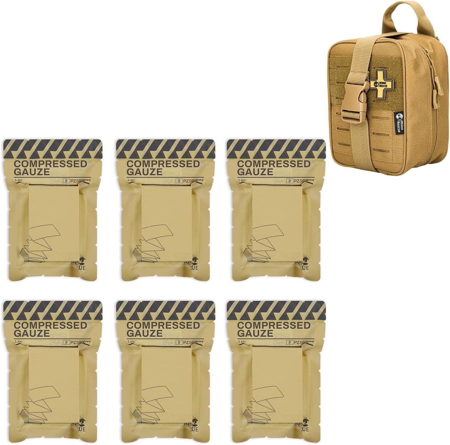 RHINO RESCUE Sterile Compressed Gauze for Emergency Wound Dressing+IFAK Trauma Kit with C-A-T Tourniquet(PRO, Coyote)