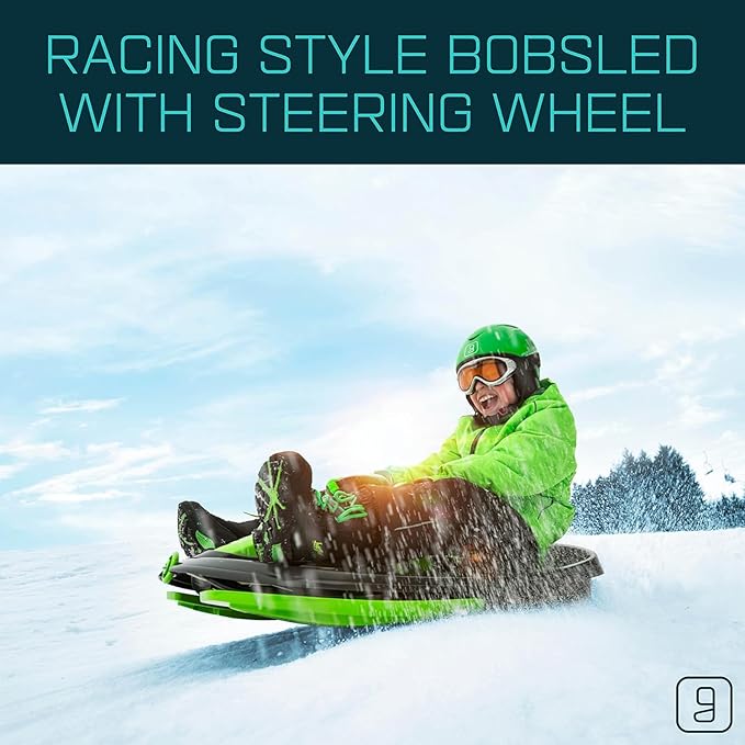 Snow Sled for Kids, Adults - Toboggan Sled, Easy Turning Steering Wheel, Anti-Slip Seat, Pull Up Brake, Durable Plastic Sled, Lightweight, Snow Sleds, Age 3+ 260 lbs