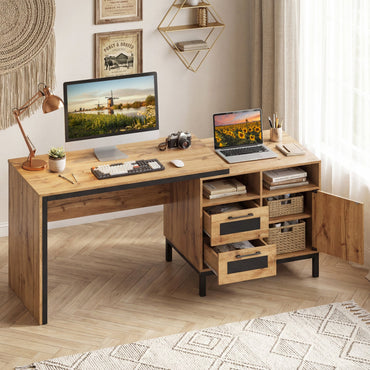 71-Inch Computer Table with Open Compartments and Drawers