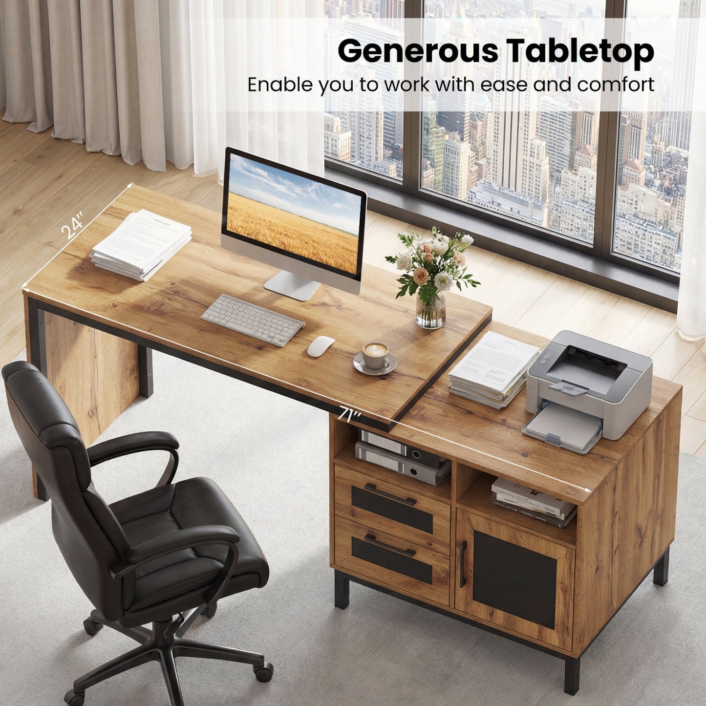 71-Inch Computer Table with Open Compartments and Drawers