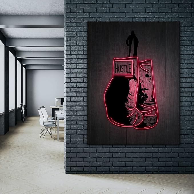 Boxing Gloves Neon Canvas Print Motivational Canvas Print Wall Art Office Decor, Entrepreneur Motivation, Hustle Artwork, Boxing Neon Print, Fighter Gym Sign, Hustler Art Neon Sign (48" x 36")