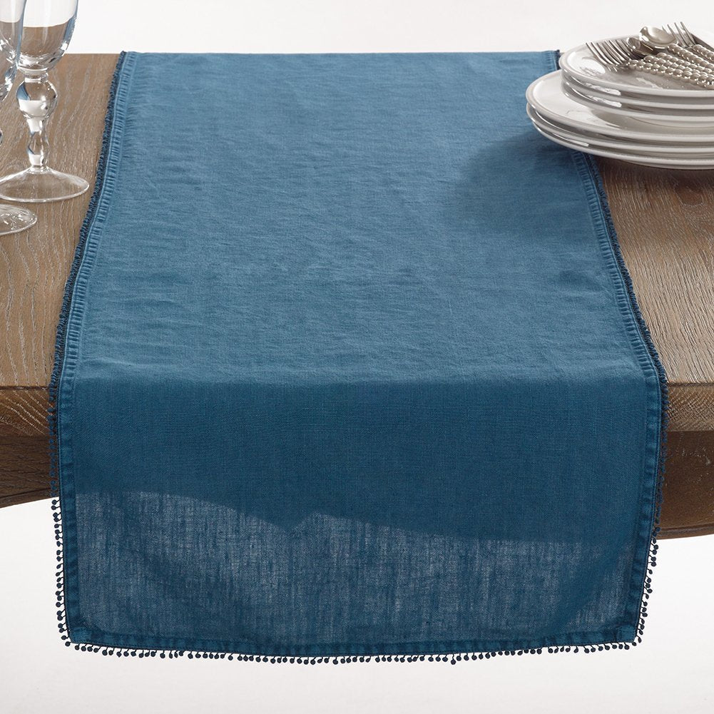 Fennco Styles Pomponin Collection Pom Pom Design 100% Linen Table Runner