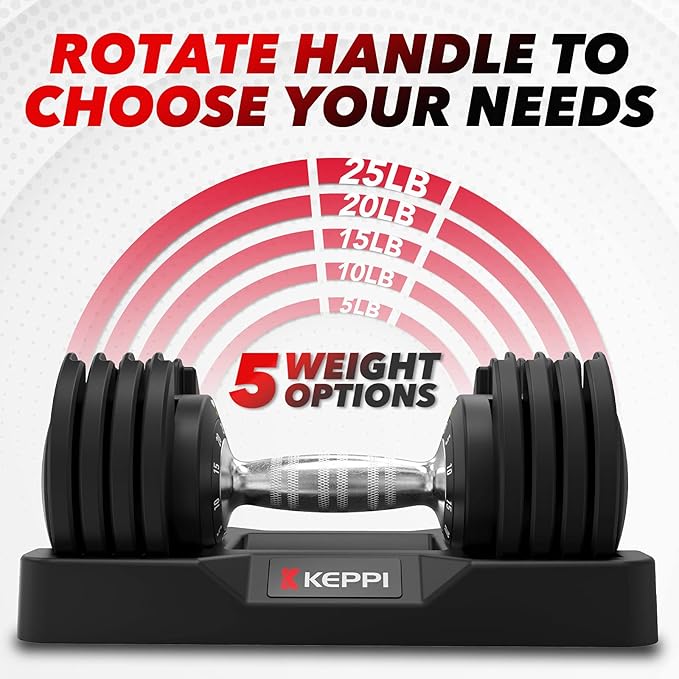 Keppi Adjustable Dumbbells Set-25lb/40lb/55lb/60lb, Anti-Slip Metal Fast Adjust Weight Handle, Exercise & Fitness for Full Body Workout - Adjustable Dumbbell Series
