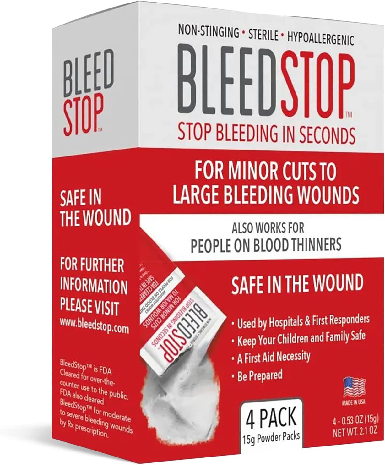 BleedStop™ First Aid Powder for Blood Clotting (4x15g, Pouches) and BleedClot Pet First Aid Powder (4x0.5oz, Pouches)