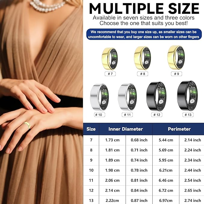 Smart Rings for Women Men,Fitness Tracker Ring,Heart Rate,Blood Oxygen,Blood Pressure,Step Tracker,Sleep Monitoring,No Subscription Fee,IP68 Waterproof Smart Ring for iPhone&Android(Gold 8)