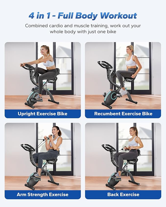MERACH Folding Exercise Bike, Foldable Stationary Bikes for Home, 4 in 1 Upright Indoor Cycling Bike with 16-Level Magnetic Resistance, 300LBS Capacity X Bike with Exclusive APP