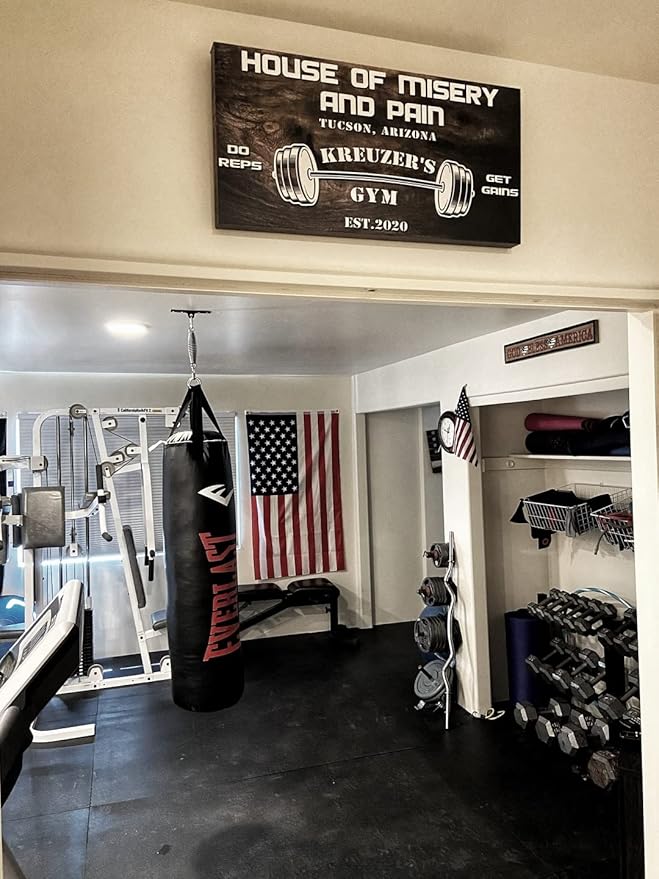Tailored Canvases Personalized Gym Sign Wall Art Decor - Motivational Canvas for Home Gym, Workout Room, Garage, Fitness Center - Workout Inspirational Posters - House of Misery and Pain, Wooden 48x16in