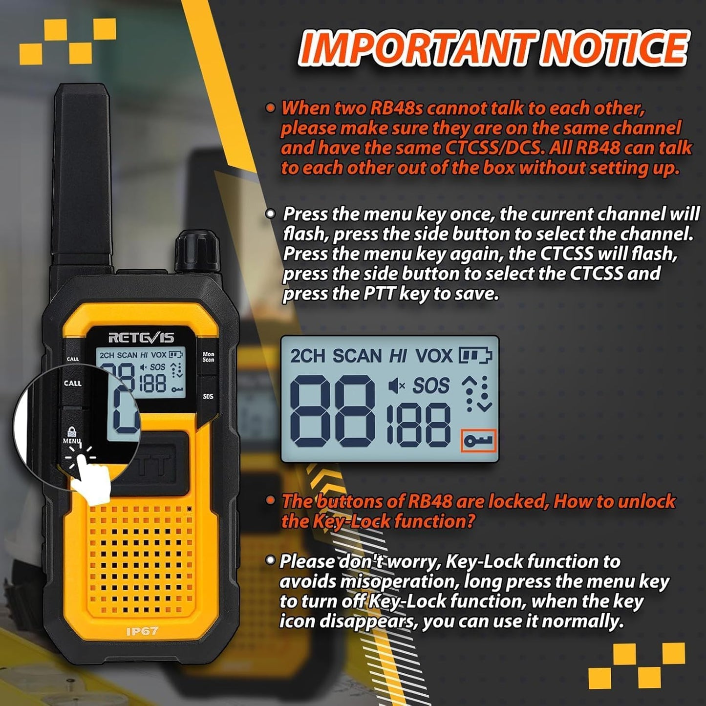 Retevis RB48 Waterproof Walkie Talkies, Heavy Duty Two Way Radio, Advanced Triple Proof, Vibration Call, USB-C, SOS,2000mAh, NOAA, 2 Way Radio(2 Pack) Yellow