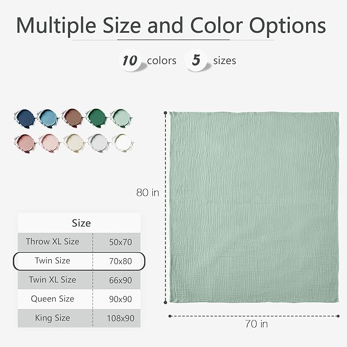 Carriediosa 100% Cotton Muslin Throw Blanket 70" X 80" Twin Size，4-Layers Summer Gauze Throws for Bed Couch，Soft Lightweight Breathable Linen Blankets Bedspread for Adults All Season，Sage Green