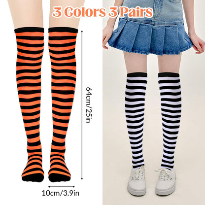 Tweruna 3 Pair Women's Knee High Striped Socks Orange Black Purple