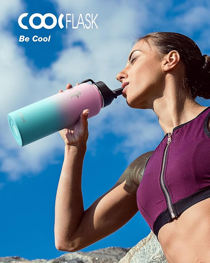 40 oz Insulated Water Bottle with Straw&3 Lids, Coolflask Stainless Steel Metal flask Wide Mouth for Sports or Office, Non-BPA Keep Cold Up to 48 Hrs or Hot Up to 24 Hrs, Bubblegum Princess