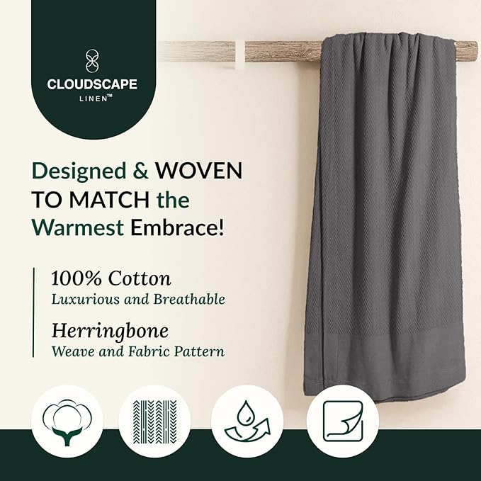 Cloud Scape Linen 100% Cotton Blanket King Size for Bed – Lightweight Summer Blanket, Herringbone Weave,fits California King Size Bed, 92x108,Dark Grey