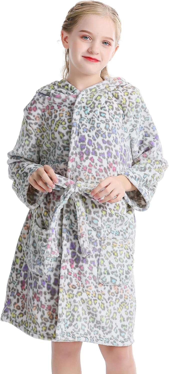 Girls Hooded Fleece Bathrobe - Soft Plush Warm Robe for Kids 3-14 Years