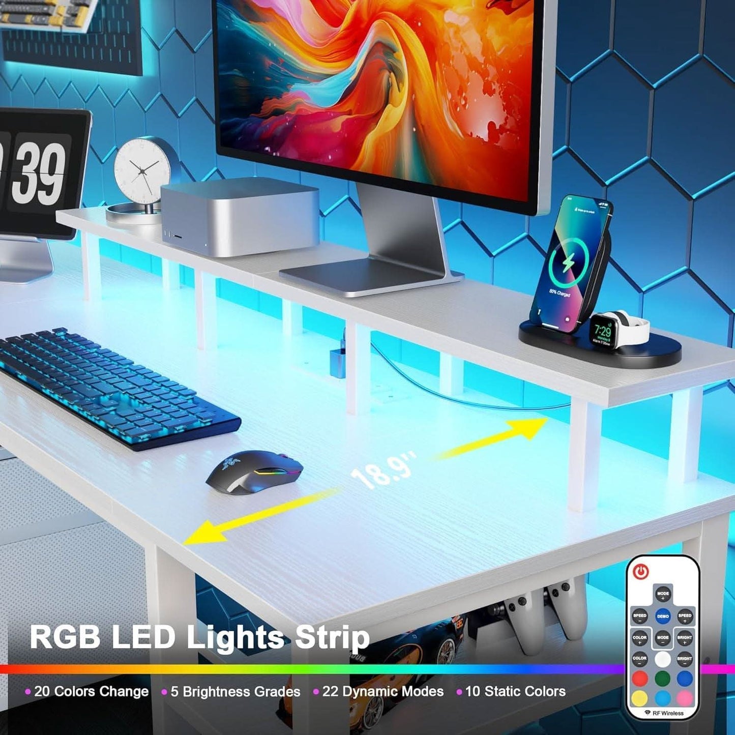 61 Inch Computer Desk With Integrated Power Outlet LED