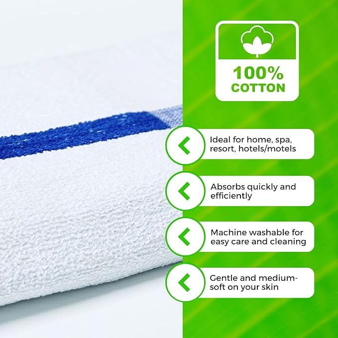 Towels N More 24x48 Soft Poolside Towels - 24 Large Super Absorbent Pool Towel White and Blue Center Stripe - Ideal for Home, Pool, Spa, Gym, Hotel, Motel Rental Room Use - 100% Cotton Bath Towels