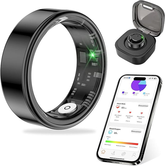 Thin Smart Ring for Fitness & Health Tracking -Pedometer,Sleep/Heart Rate/Blood Oxygen Monitor, Gesture Control / 5ATM Waterproof -No APP Subscription Compatible with Android& iOS (Black, 11)