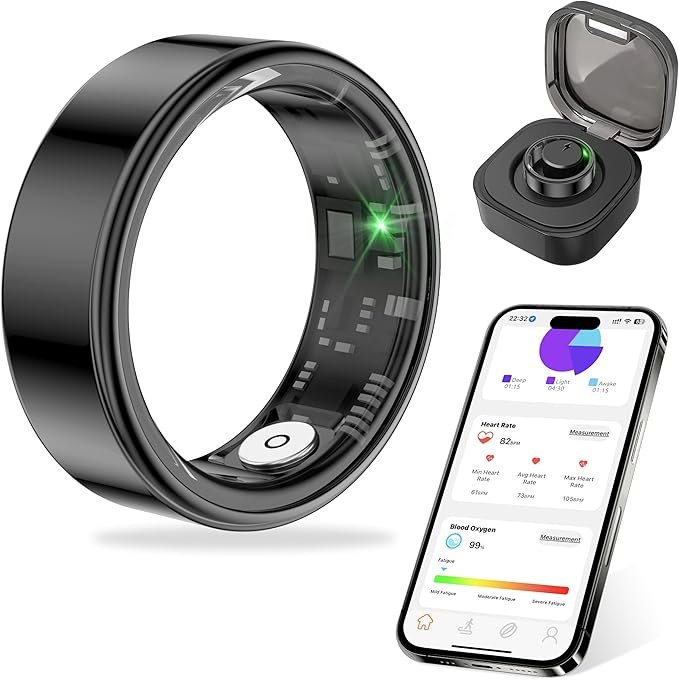Thin Smart Ring for Fitness & Health Tracking -Pedometer,Sleep/Heart Rate/Blood Oxygen Monitor, Gesture Control / 5ATM Waterproof -No APP Subscription Compatible with Android& iOS (Black, 9)