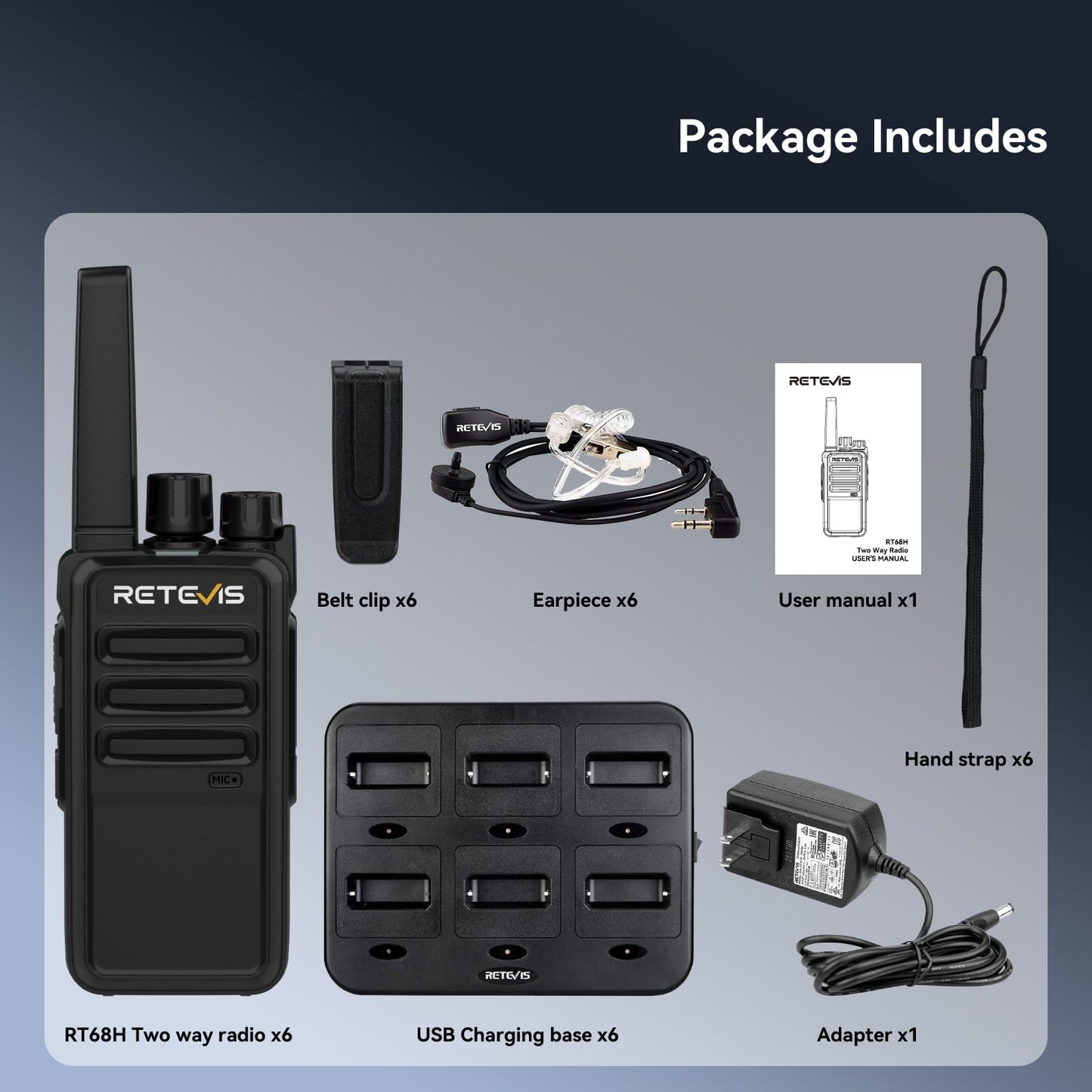 Retevis RT68 Walkie Talkies with Earpiece, Portable FRS Two-Way Radios Rechargeable, with 6 Way Multi Unit Charger, Hands Free, Long Range, Rugged 2 Way Radios 6 Pack for Adults School Church