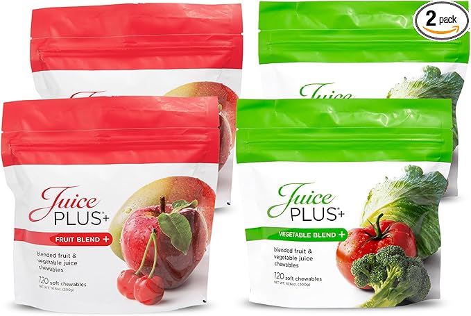 Juice Plus+ Fruit & Vegetable Blend Soft Chews - Tasty Vegan Fruit, Veggie Gummy Vitamins for Adults & Kids - 4 Month Supply 4 Packs (2 of Each Flavor)