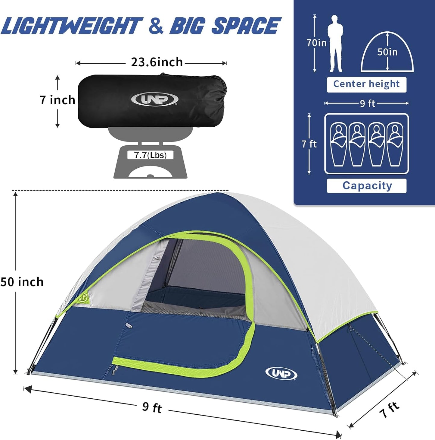 UNP 4 Person Camping Dome and Cabin Tent Easy Set Up, Waterproof with Top Rainfly for Outdoor Camping/Hiking