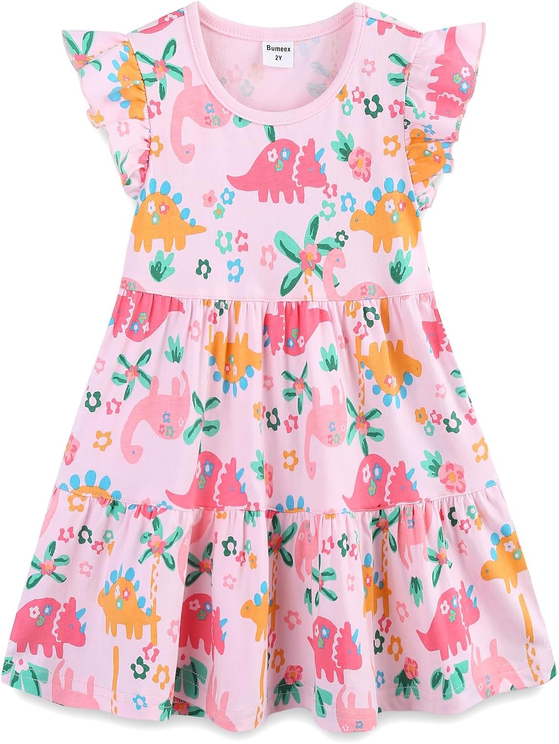 Girls Cotton Dress - Ruffle Sleeve Tiered A-Line Midi Sundress