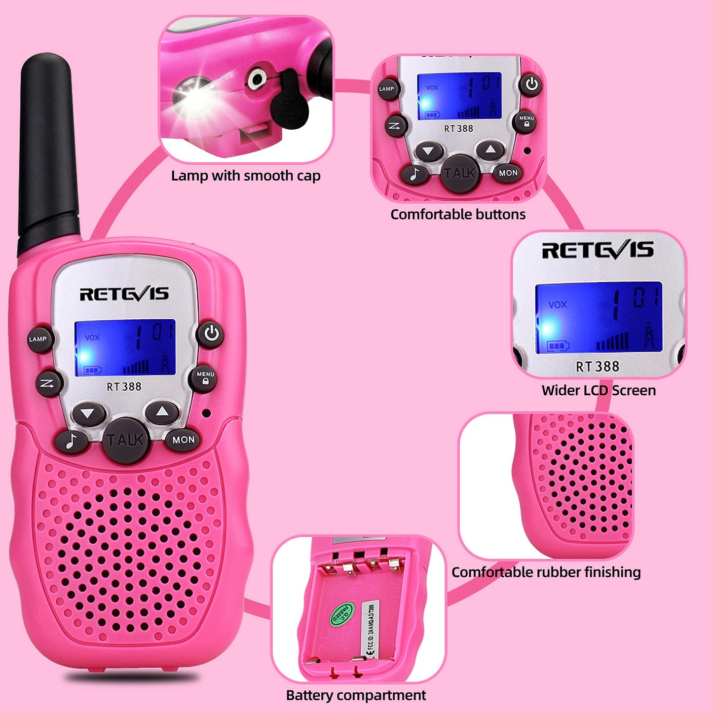 Retevis RT388 Walkie Talkies for Kids, Birthday Gifts for 6 7 8 9 10 11 12 Year Old Girls, 22 CH LCD Flashlight, Pink Walkie Talkies Christmas Gifts Toys for Girls(Pink, 2 Pack)