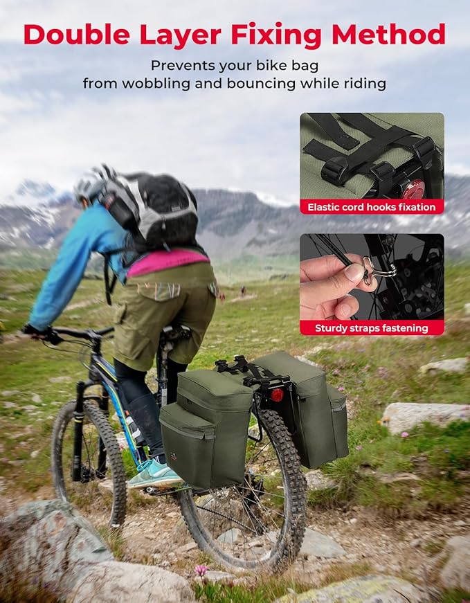 KEMIMOTO Bike Bag Panniers with Rain Cover, 34L Waterproof Bicycle Saddle Bag for Rear Rack Mountain Biking Bags Storage, Ebike Accessories for Commuter Grocery Shopping Travel Carrier, Green