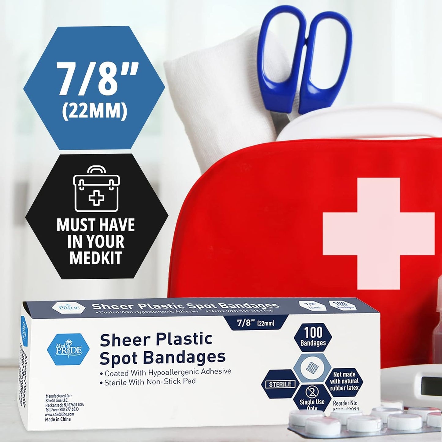 MedPride Sheer Junior Spot Adhesive Bandages - 3/8” x 1.5" Sterile Small Round Bandages with Non-Stick Pad - 100/Box, Case of 36 (3,600 Count)