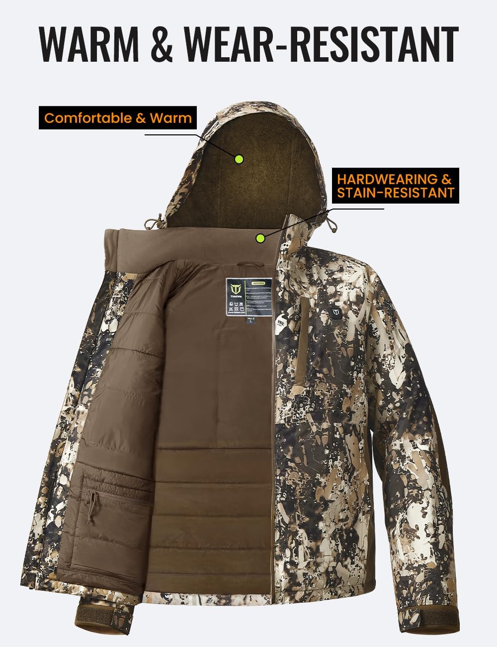 TIDEWE Heated Jacket for Men with Battery Pack, Insulation Waterproof Hunting Coat with Heater, Veil Camo, Size S-3XL