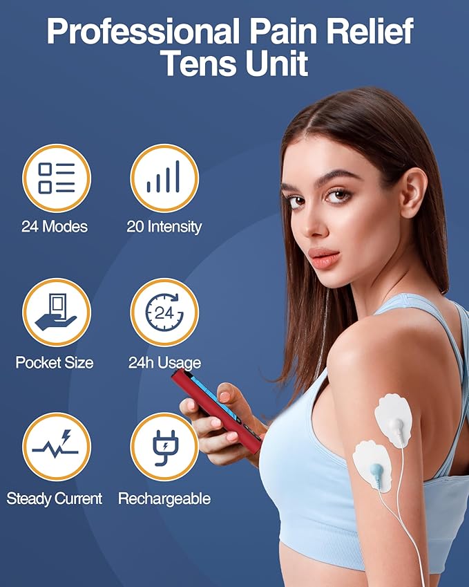 NURSAL 24 Modes TENS Unit Muscle Stimulator, Rechargeable Electronic Pulse Massager with 8 Pads for Back and Shoulder Pain Relief and Muscle Strength (Red)