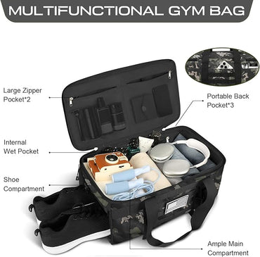 ETRONIK Gym Bags for Men, Tactical Duffle Bag Backpack with Shoe Compartment, 3 in 1 Carry on Bag Travel Backpack with Wet Pocket, Weekender Overnight Range Bag for Workout Football Gym, Camouflage