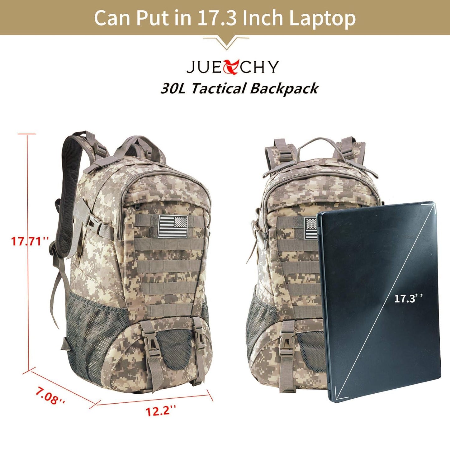 Jueachy Tactical Backpack for Men Hiking Day Pack Molle Military Rucksack Waterproof 30L EDC Bag with USA Flag Patch