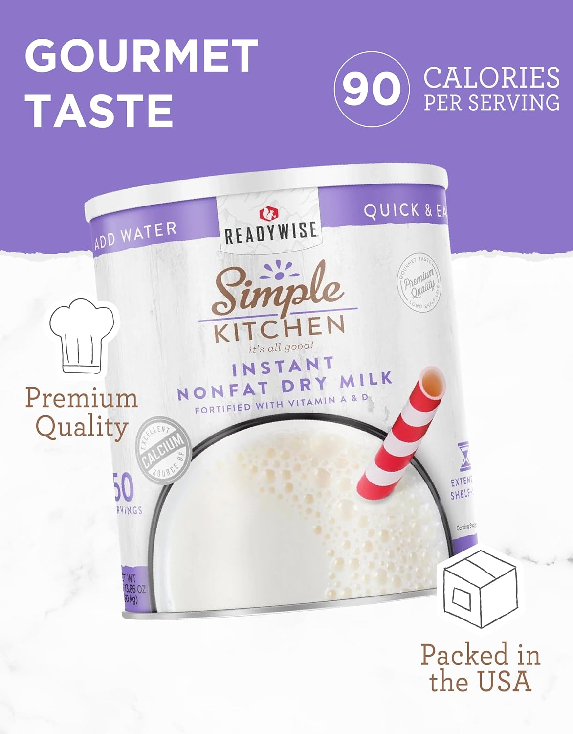 Simple Kitchen Instant Nonfat Dry Milk Powder - 50 Servings #10 Can, Non Fat Powdered Milk Bulk, Dried & Vitamin D Fortified, Daily Use & Emergency Food Long Term Storage, up to 25 Year Shelf Life