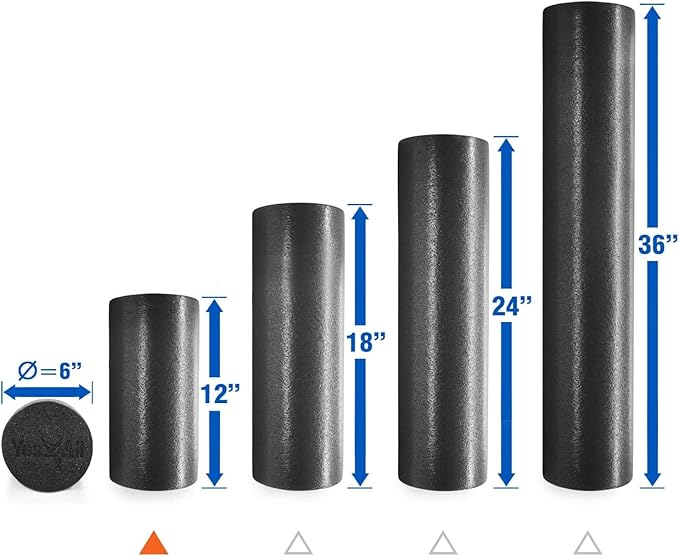 Yes4All Medium Firm Round PE Foam Roller 12, 18, 24, 36 Inches for Pilates, Yoga, Stretching, Balance & Core Exercises