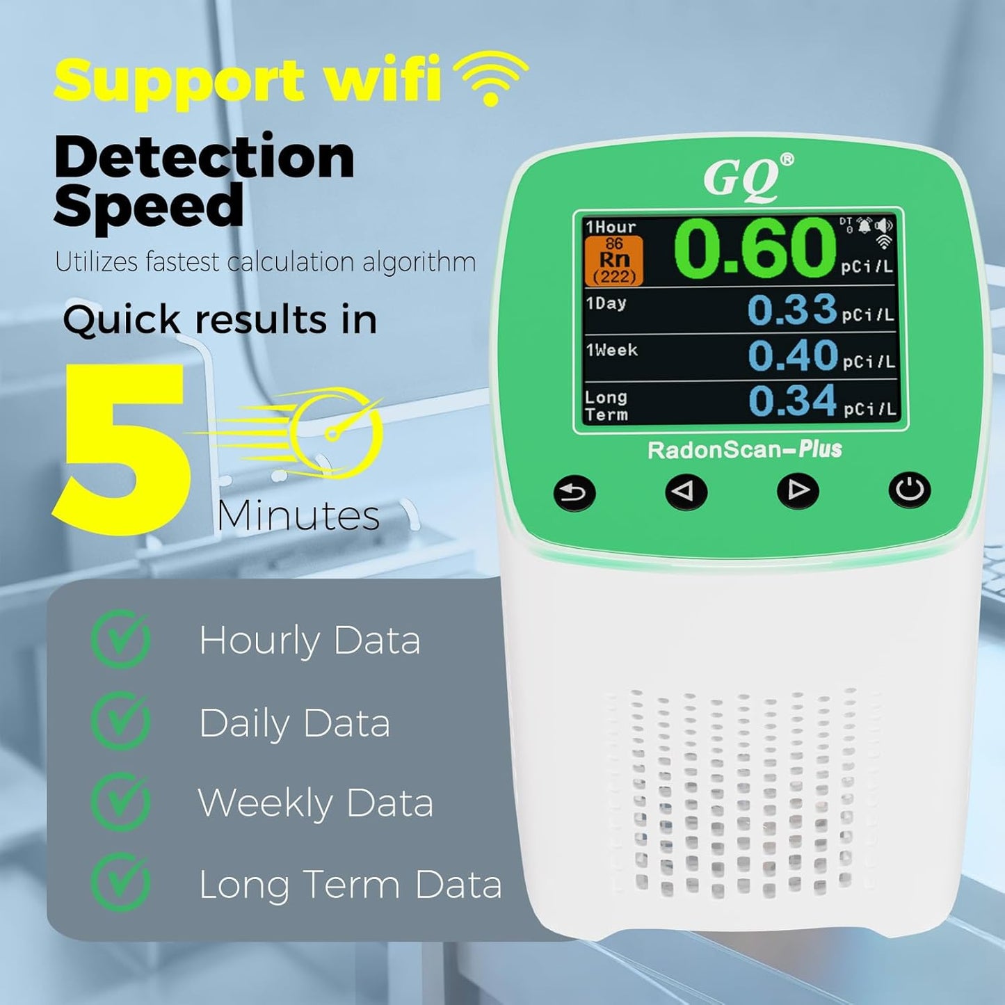 Remote Monitoring GQ RadonScan-Plus Radon Gas Digital Detector Worldwide Fast Accurate Detection Simple Big Display USA Product Real-time Data App Online Data Logging & Sharing
