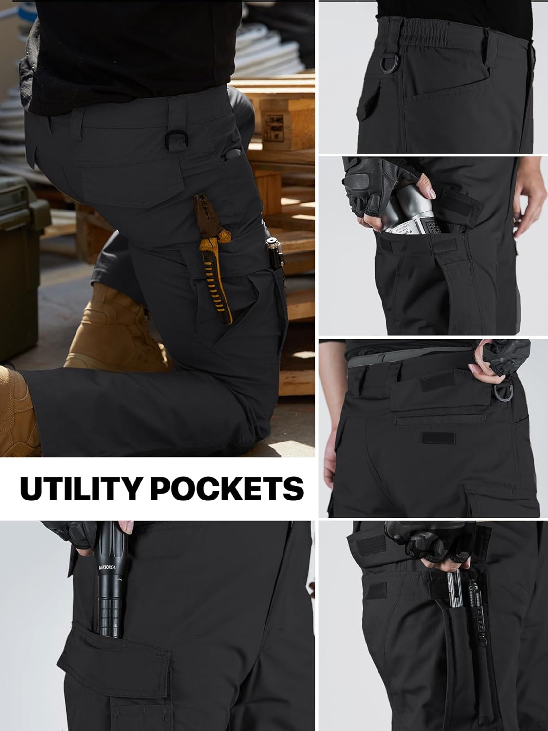 FREE SOLDIER Men's Water Resistant Pants Relaxed Fit Tactical Cargo Work Pants with Multi Pocket (Black 34W/34L)