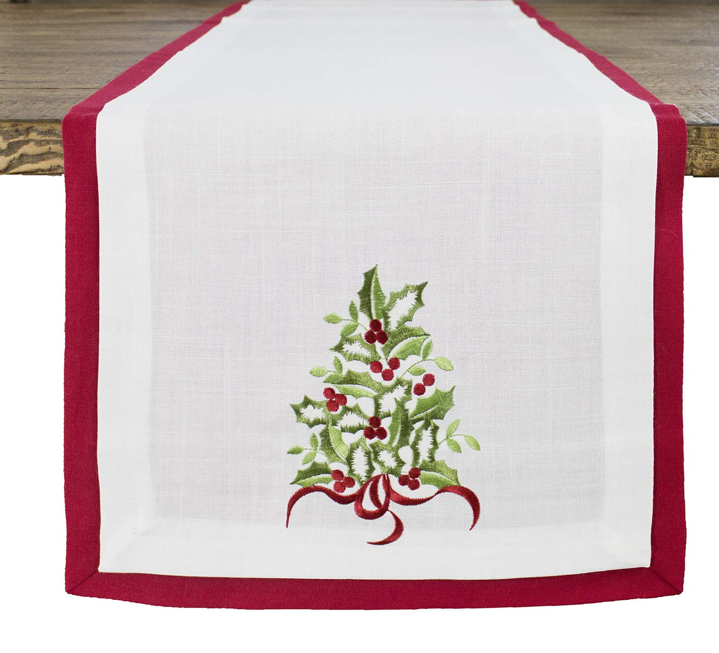 Fennco Styles Embroidered Holly Christmas Tree Double-Layer Holiday Tablecloth