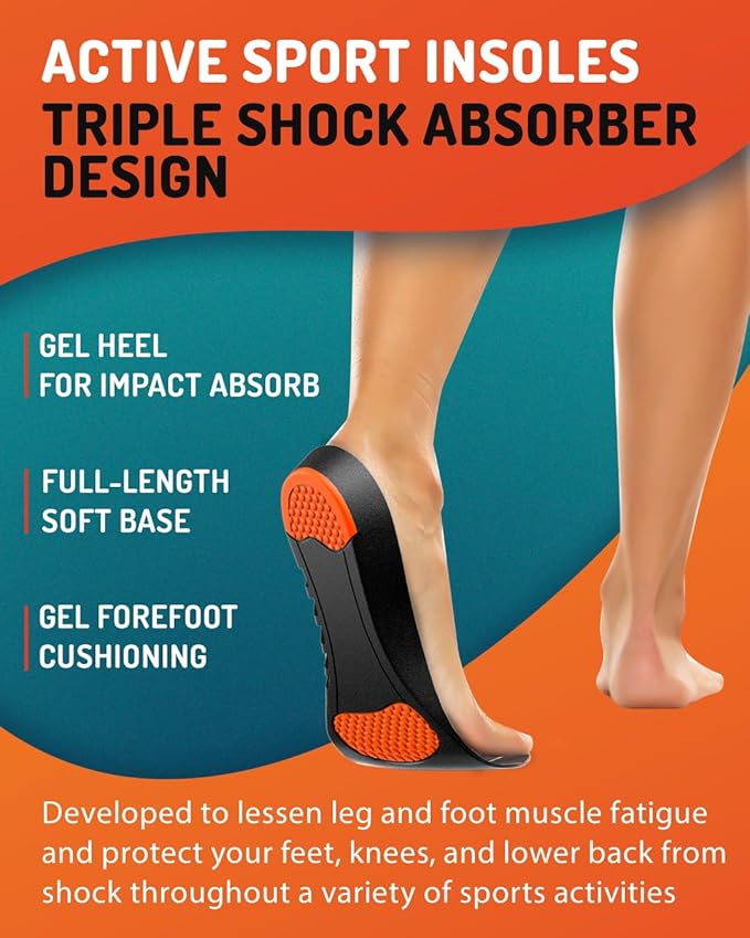 Sport Shock Absorbing Insoles - Athletic Shoe Cushioning Inserts for Men and Women - Ideal for Active Sports Running Training Hiking - Neutral Arch Good for Sneakers Shoes, XL