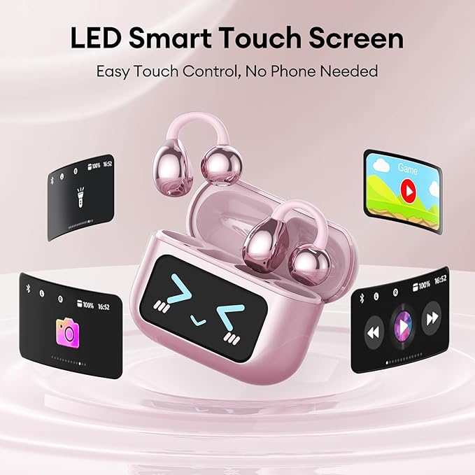 PAXA Stylish Open Ear Clip On Earbuds with Removable Butterfly Earring, Clip On Headphones with LCD Touch Screen, Fashionables Open Ear Headphones for Women, Butterfly Earring Rose Gold Earbuds