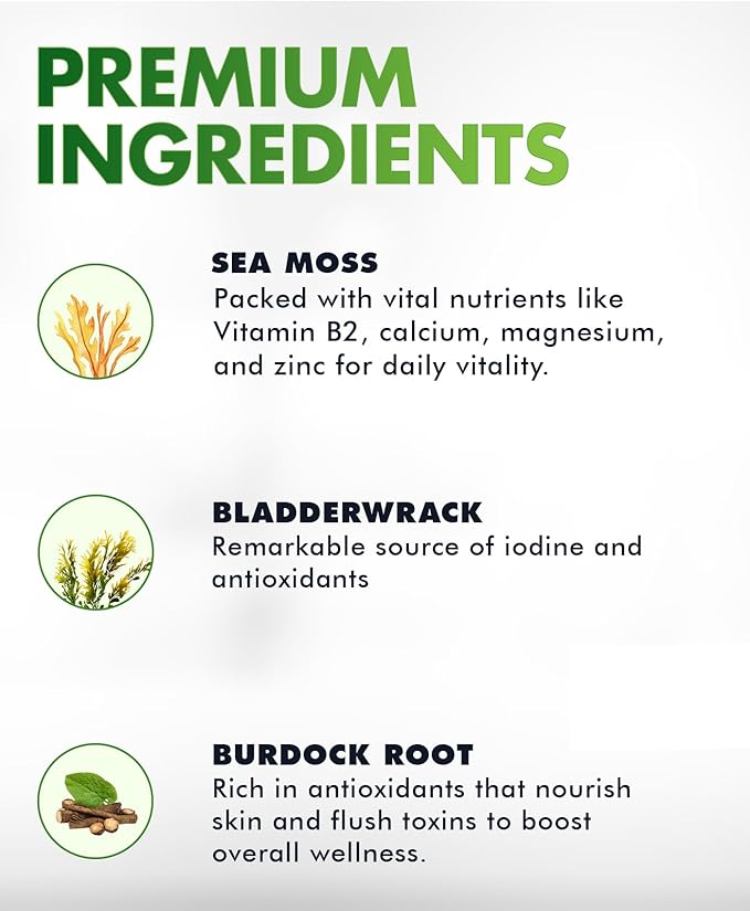 Sea Moss Gummies - Irish sea Moss raw Organic, Bladderwrack, Burdock Root. Contains Sea Moss Gel and Powder. Superfoods for Vegan, Keto and Dr Sebi Diet. Immune Boosting (3, Original)
