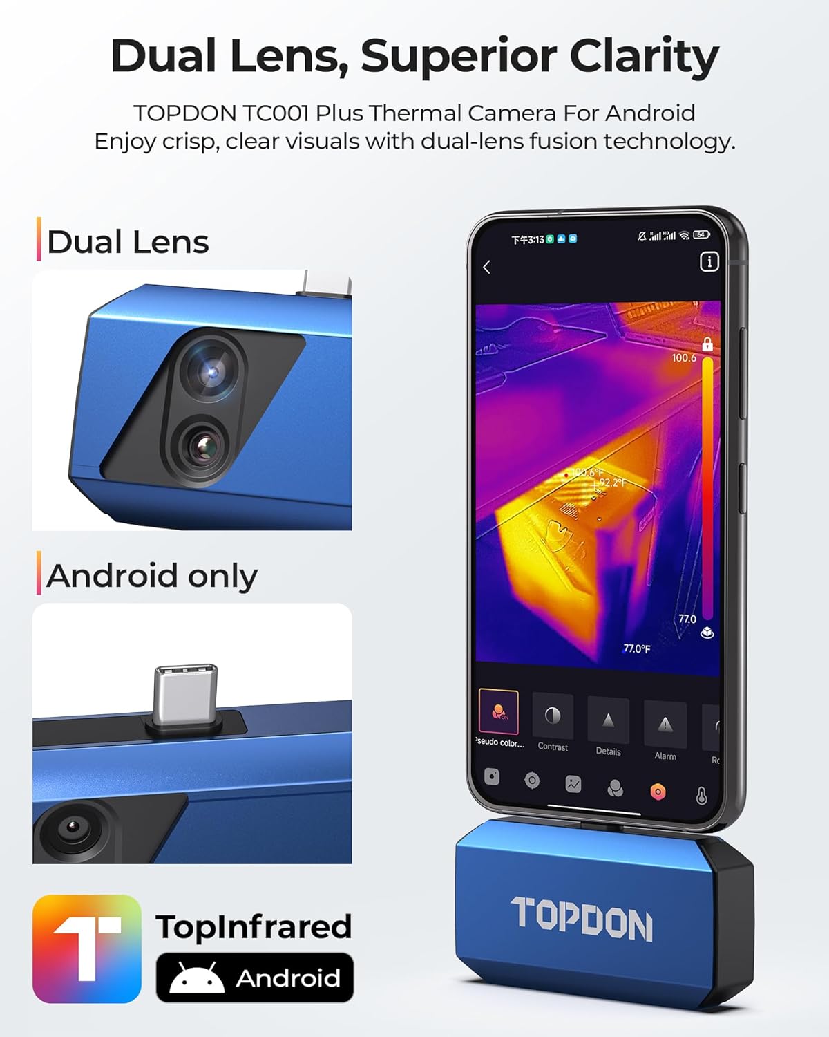 TOPDON TC001 Plus Thermal Camera for Android, 512 x 384 Super Resolution with Visual Camera, 256 x 192 IR Resolution, Dual-Lens Thermal Imaging Camera for Smartphones and Tablets, PC (not for iOS)