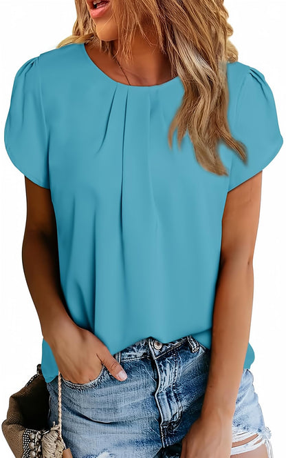 Polyester Blouses - Women's Chiffon Blouse Short Sleeve Pleated Top with Keyhole Back Detail