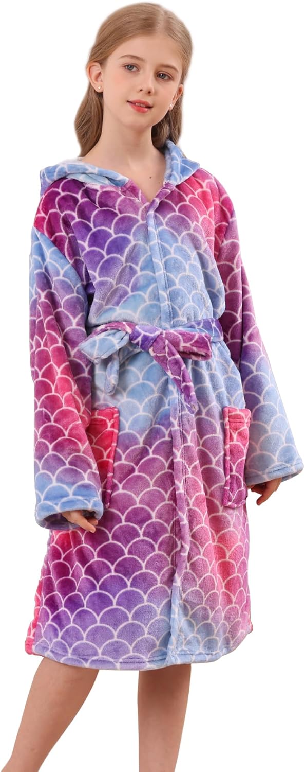 Girls Hooded Fleece Bathrobe - Soft Plush Warm Robe for Kids 3-14 Years