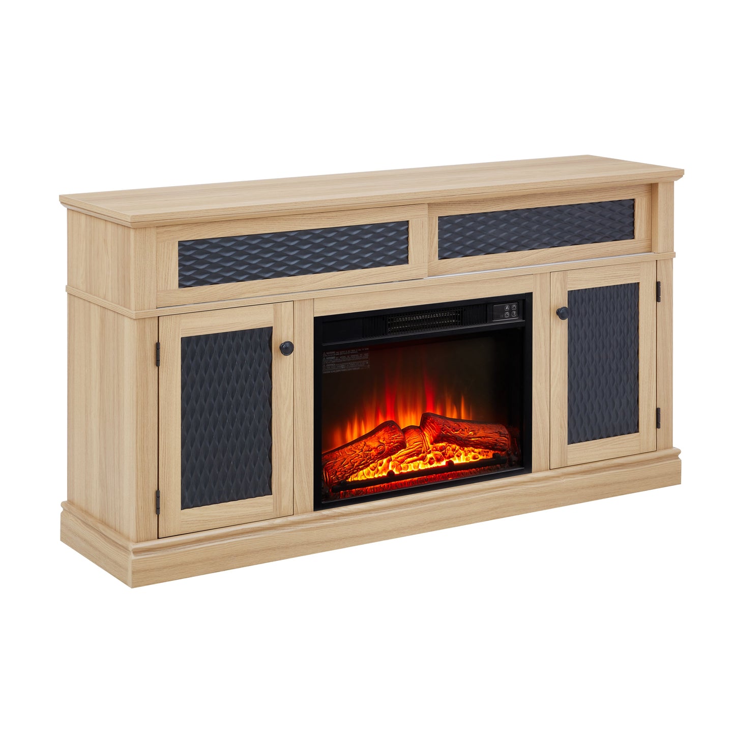 TV Stand Fireplace Light Oak MDF Embossed Doors 1400W Fits 65 In TV 58.27 In