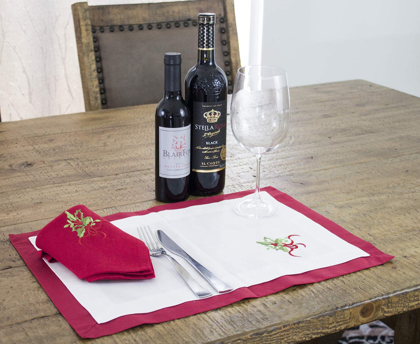 Fennco Styles Embroidered Holly Christmas Tree Double-Layer Holiday Tablecloth