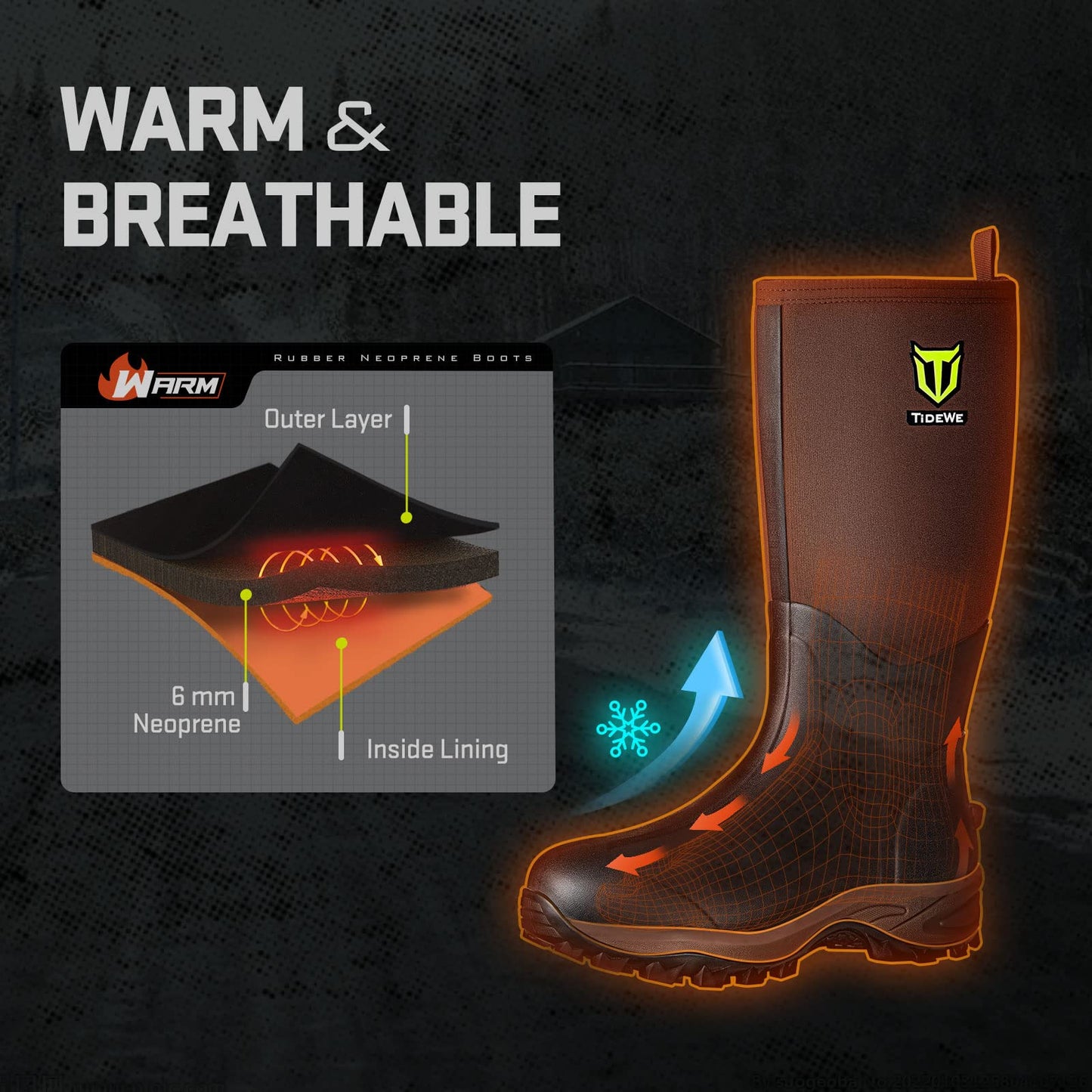 TIDEWE Rubber Neoprene Boots Men And Women, Waterproof Sturdy 6mm Neoprene Boot, Rain Boot Hunting Boot Arctic Outdoor Boot（Black, Brown & Next Camo G2）